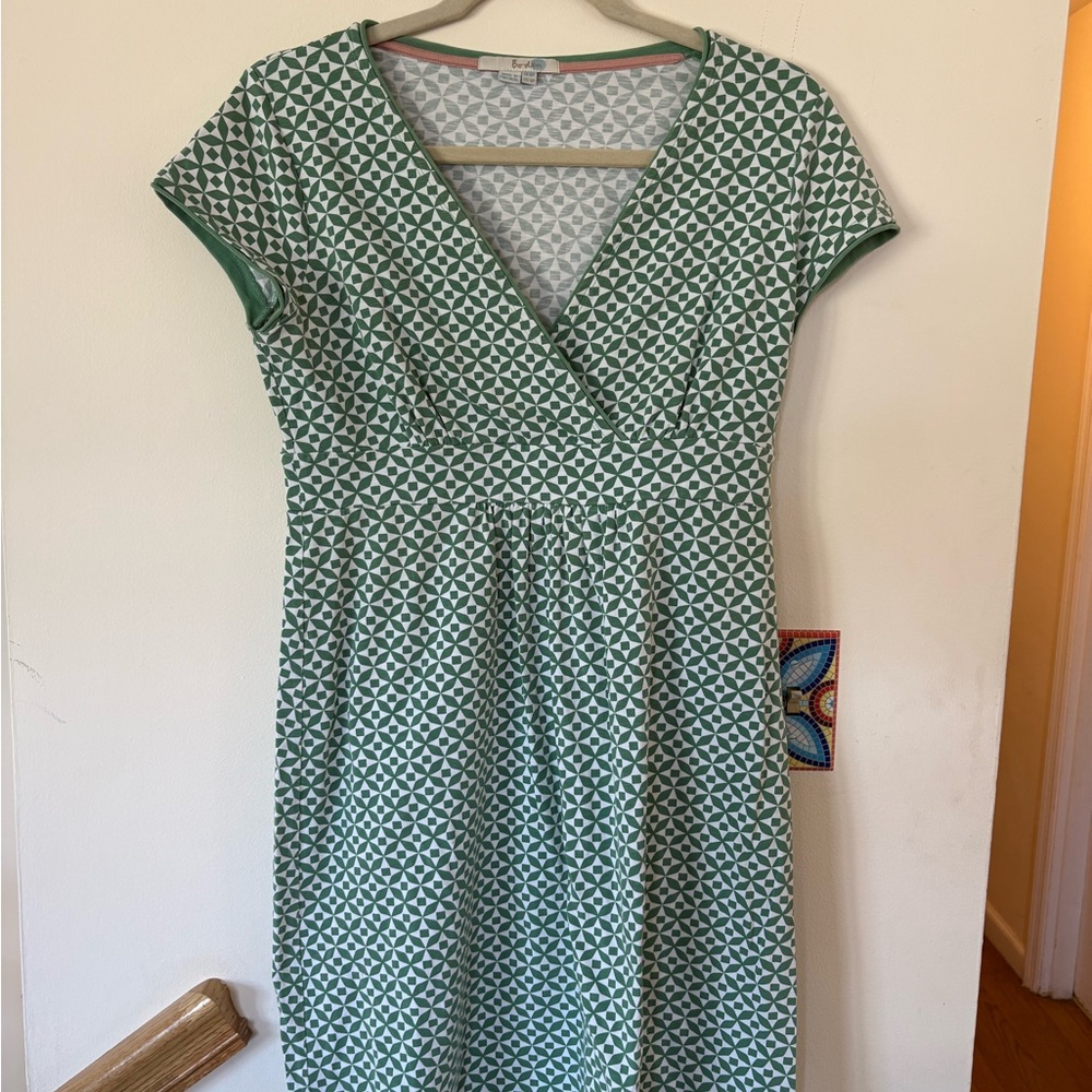 Boden Green and White Geometric V-Wrap Midi Dress